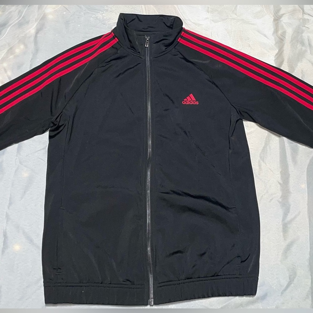 Adidas Men's Black Windbreaker with Light Red Accents